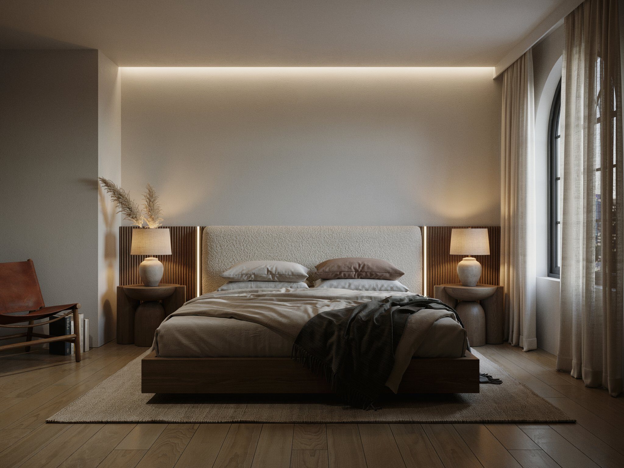 Restful master bedroom with comfortable bedding, natural light, and elegant décor.