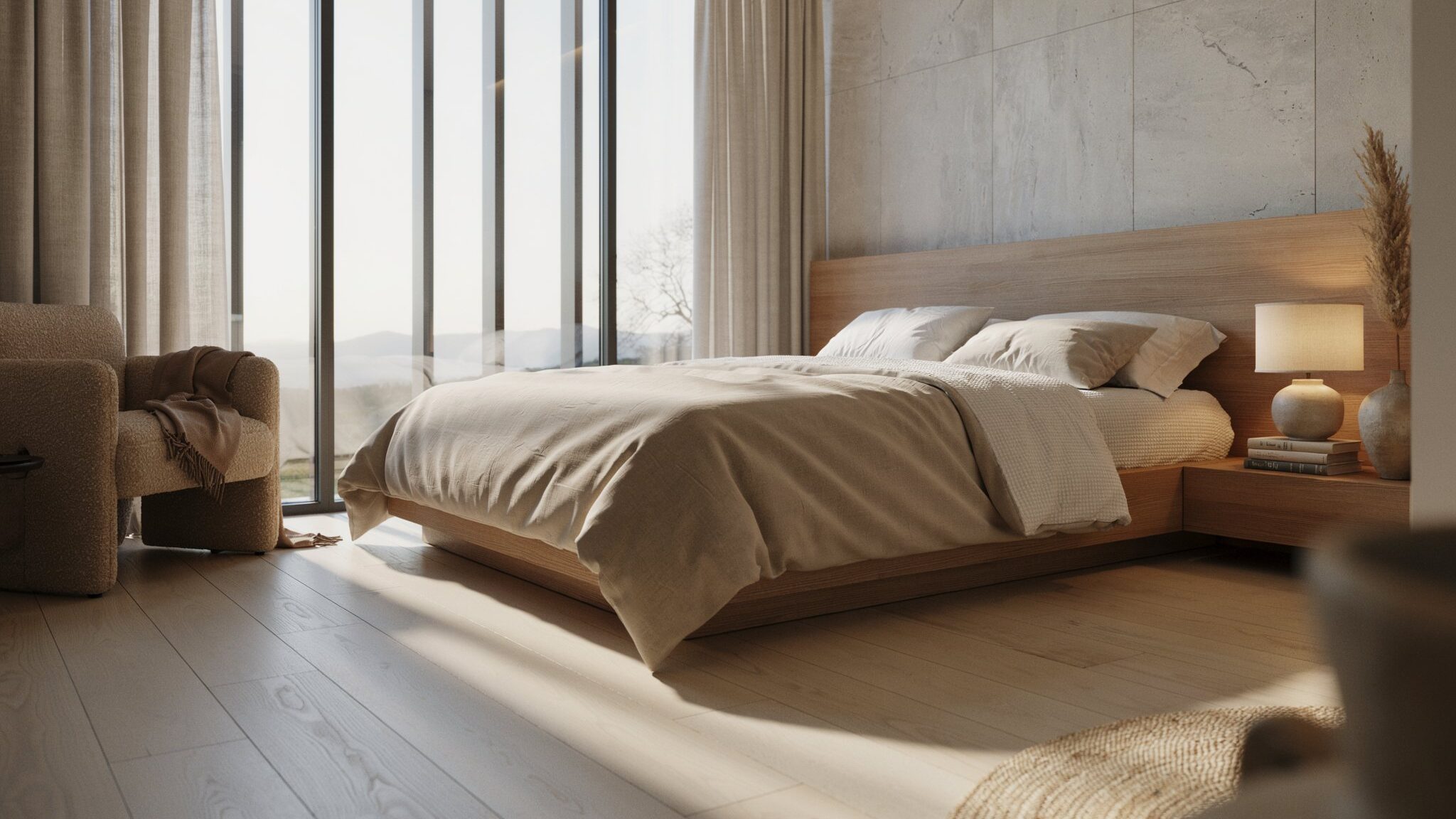 Luxury bedroom retreat with sophisticated furnishings, warm lighting, and refined finishes.