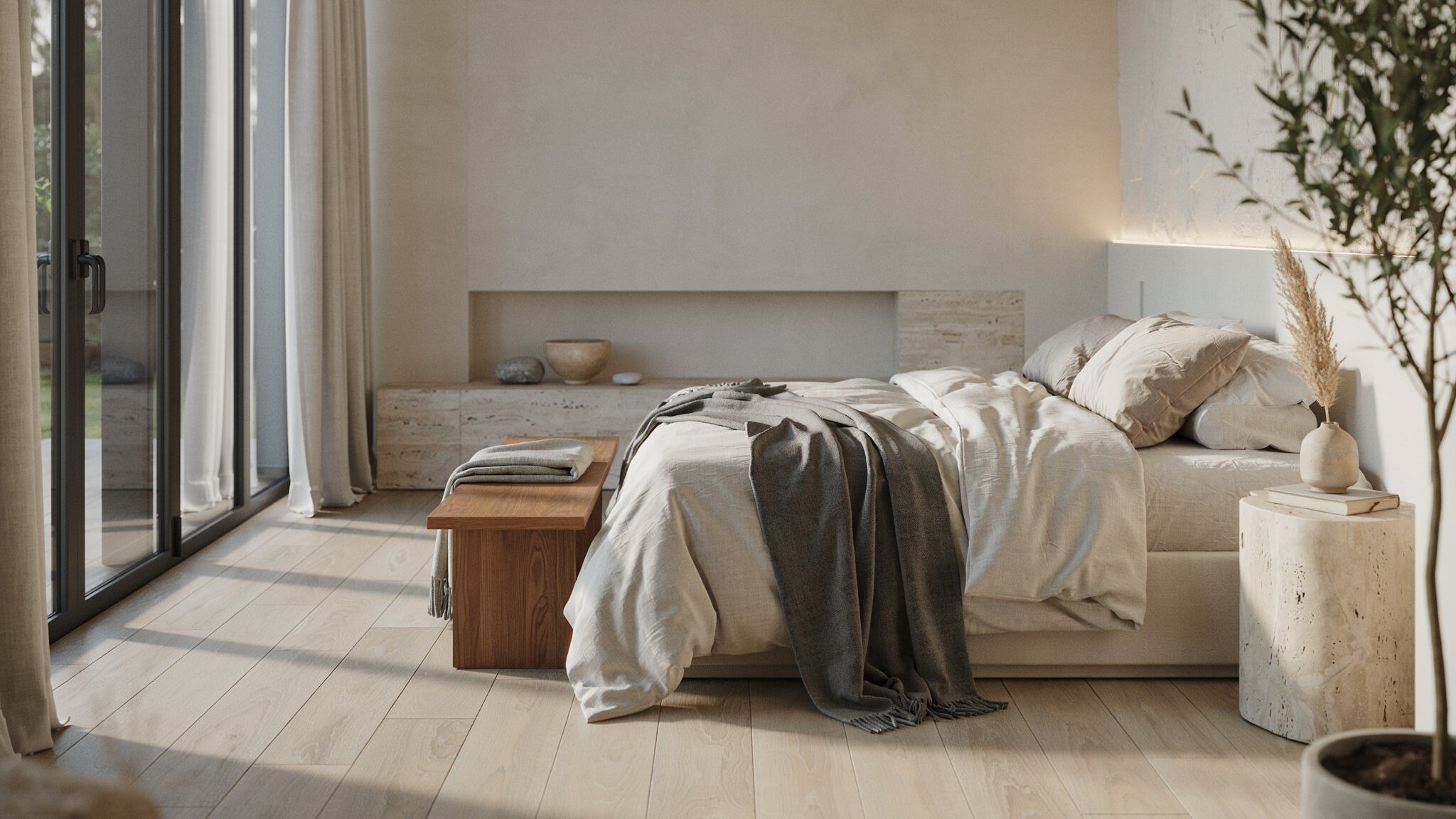 Restful master bedroom with comfortable bedding, natural light, and elegant décor.