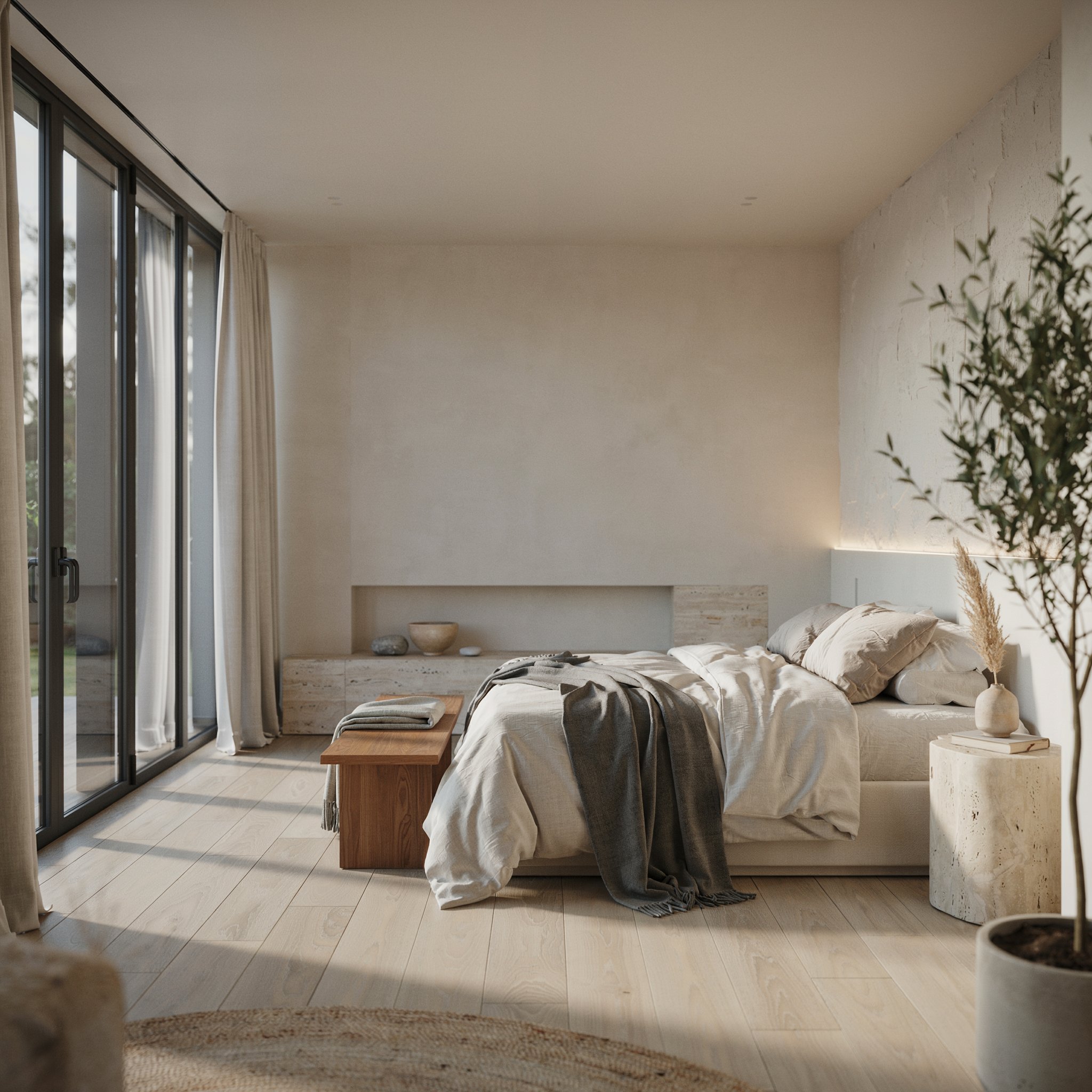 Restful master bedroom with comfortable bedding, natural light, and elegant décor.